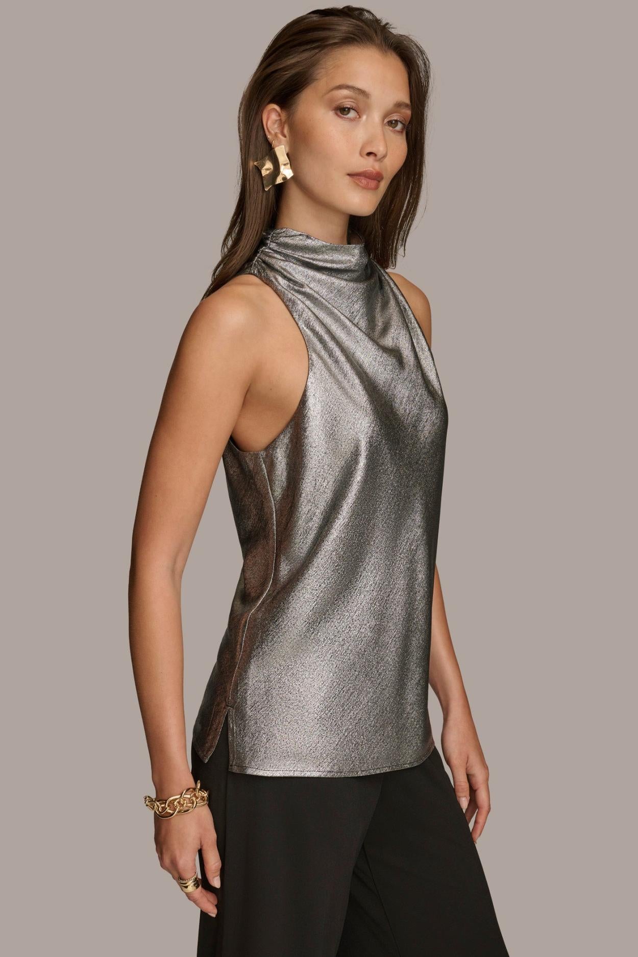 Donna Karan Sweaters And Tops | Women METALLIC HIGH COWL TOP Silver