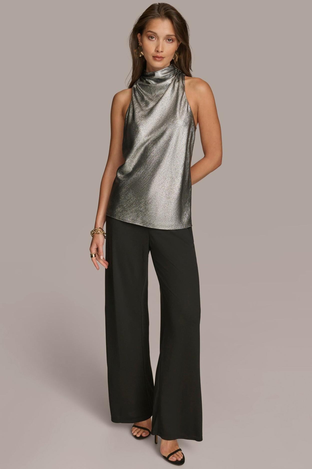 Donna Karan Sweaters And Tops | Women METALLIC HIGH COWL TOP Silver