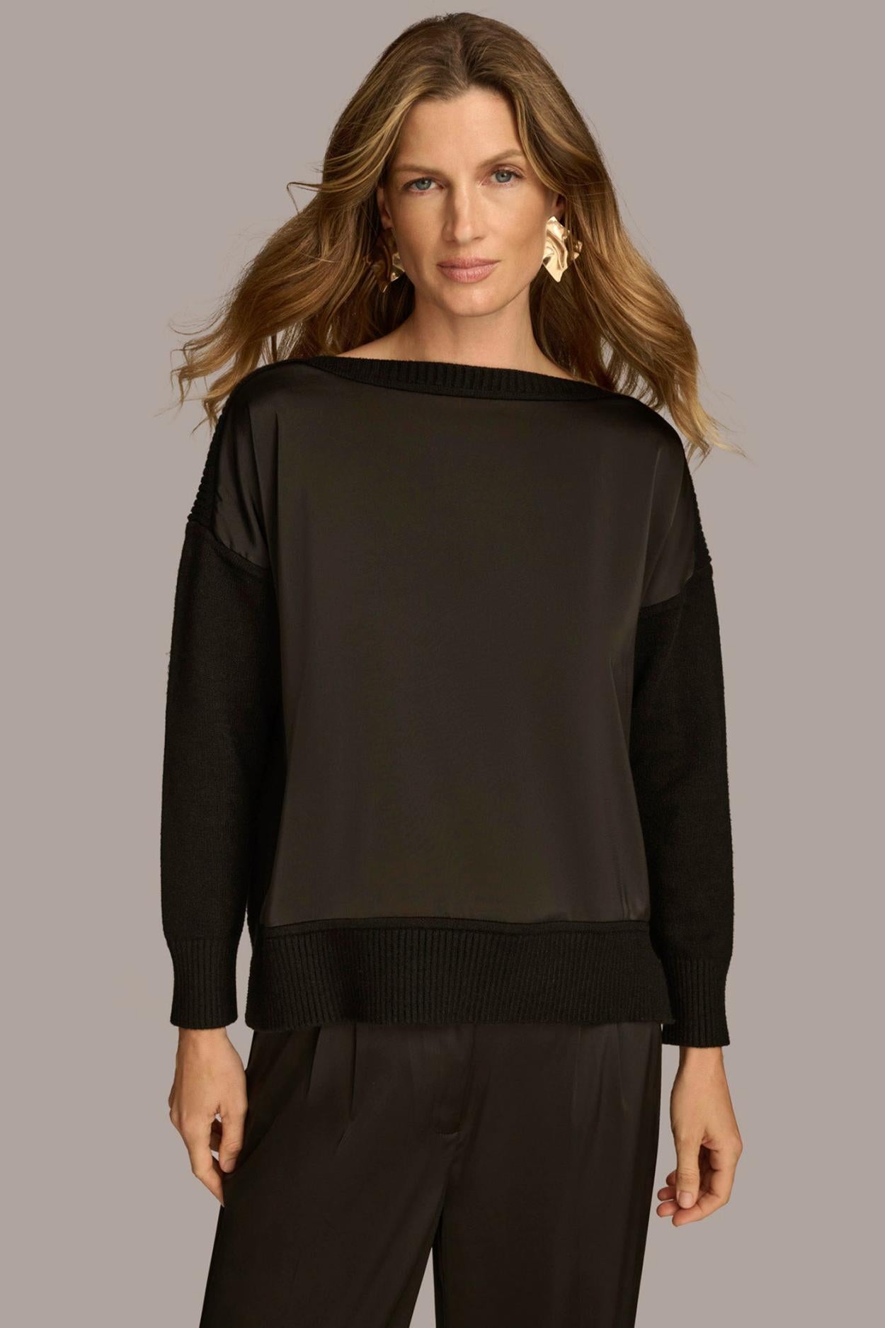 Donna Karan Sweaters And Tops | Women MIXED STITCH BOATNECK SWEATER Black