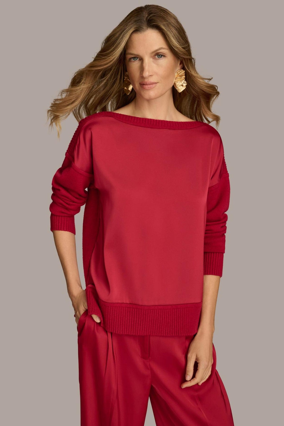 Donna Karan Sweaters And Tops | Women MIXED STITCH BOATNECK SWEATER Metropolitan Red