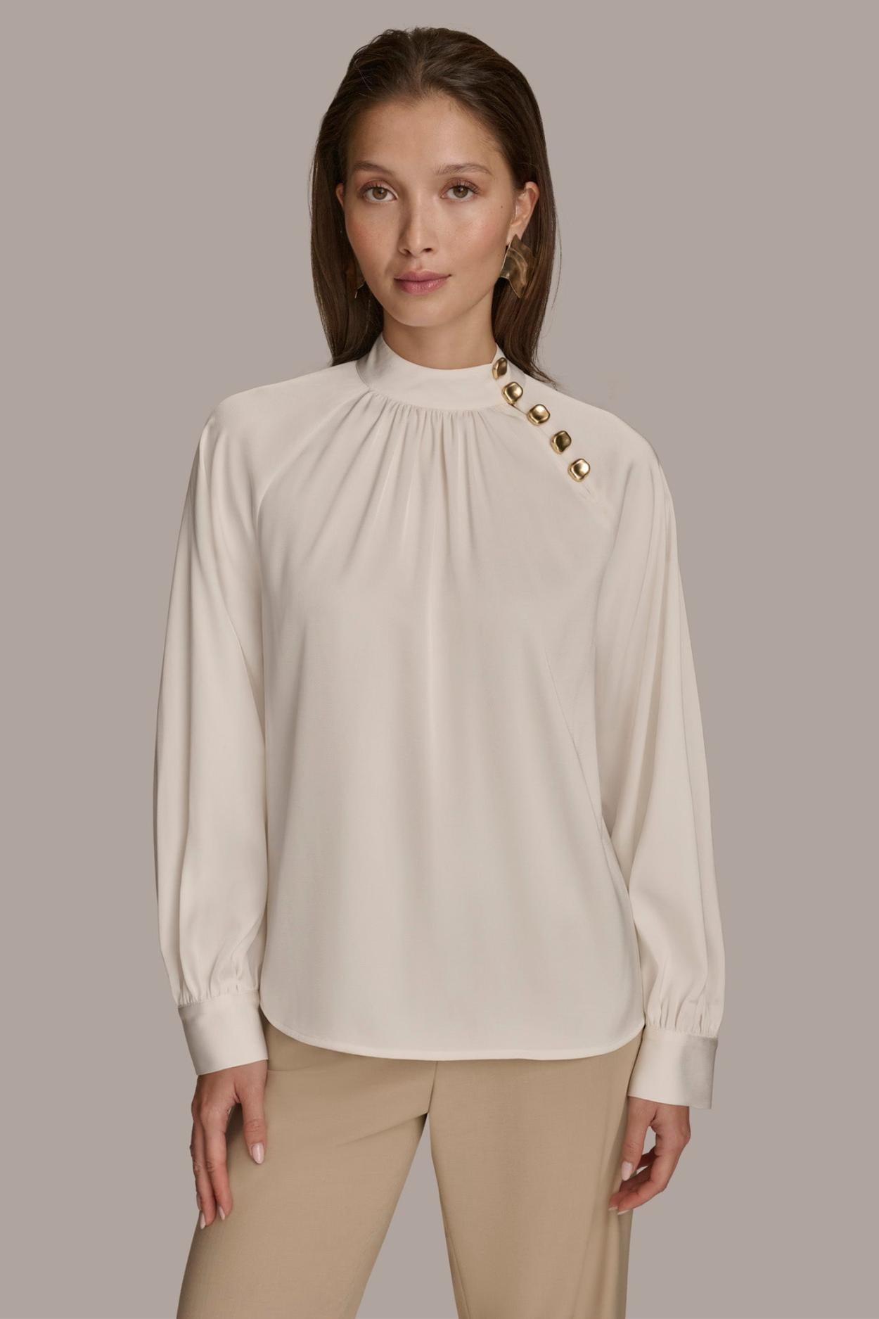 Donna Karan Sweaters And Tops | Women MOCK NECK WITH BUTTONS Ivory