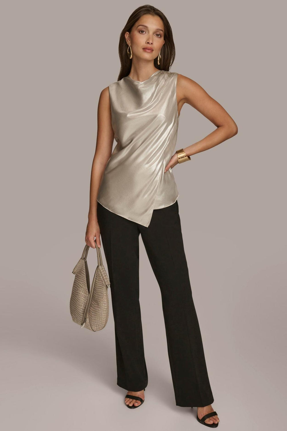 Donna Karan Sweaters And Tops | Women NOVELTY SLEEVELESS DRAPE FRONT BLOUSE Silver