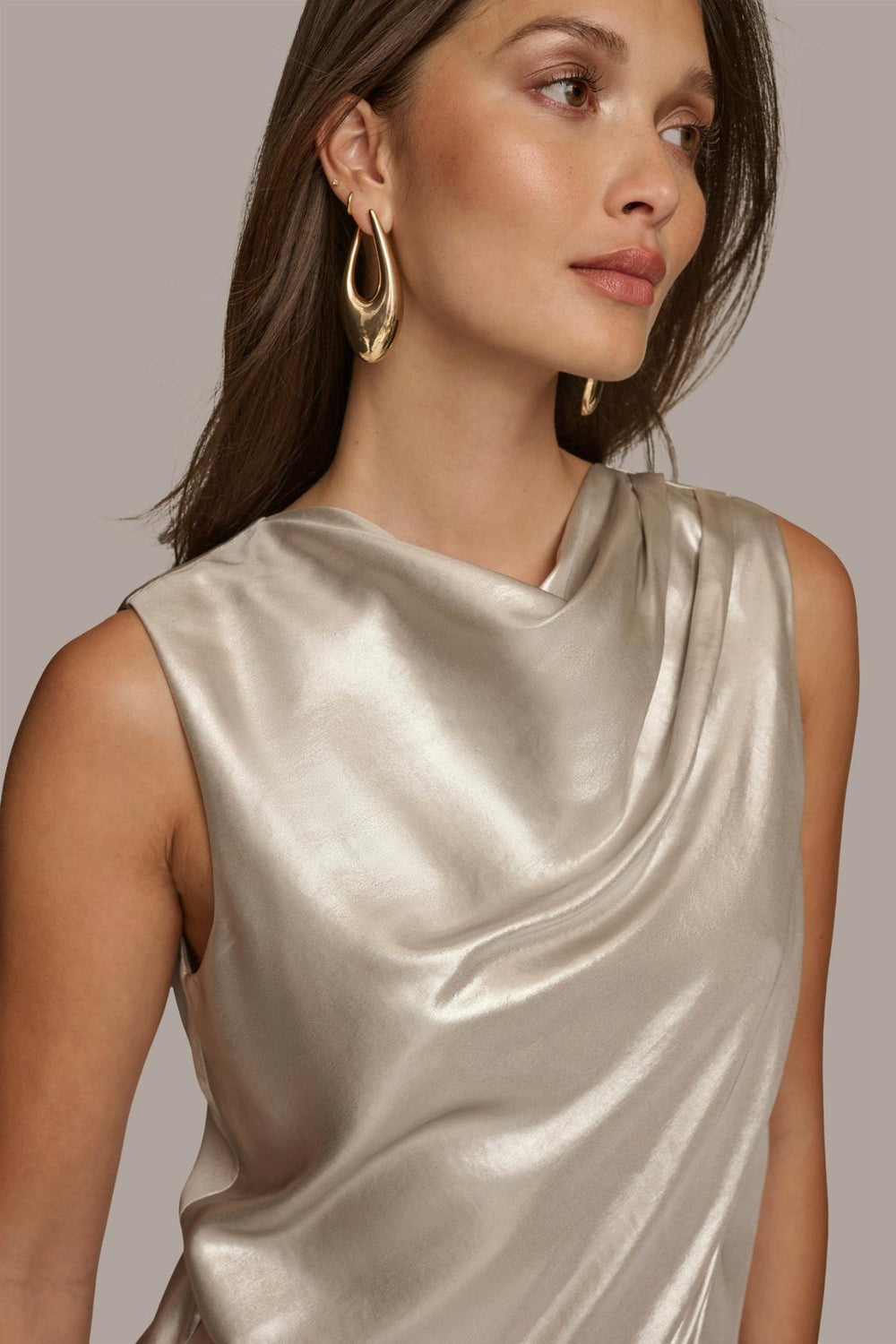 Donna Karan Sweaters And Tops | Women NOVELTY SLEEVELESS DRAPE FRONT BLOUSE Silver