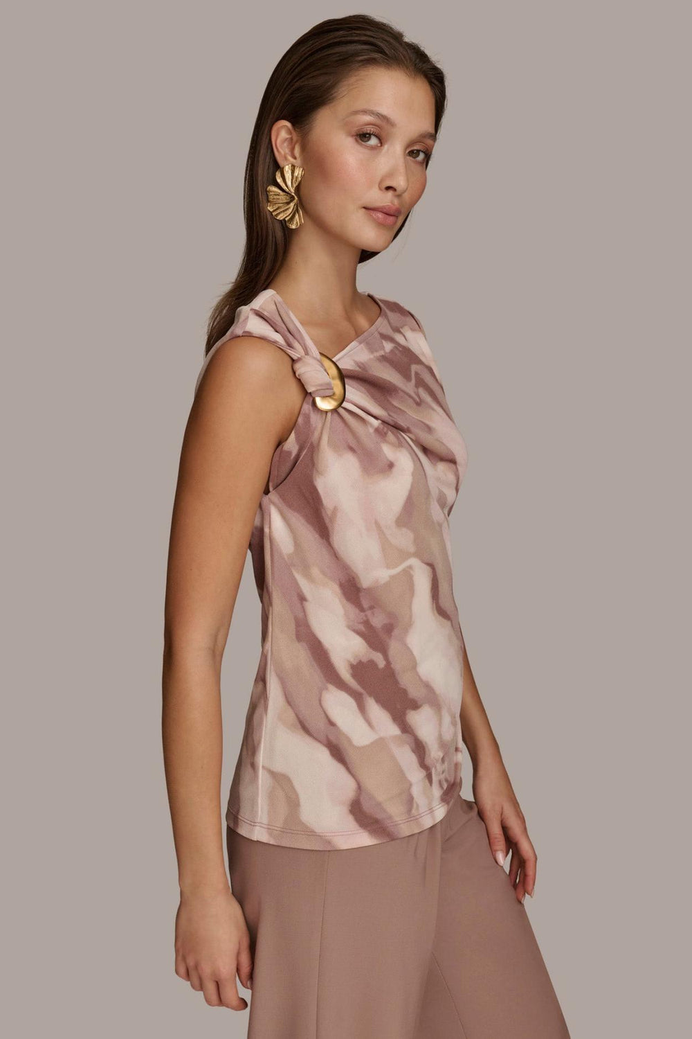 Donna Karan Sweaters And Tops | Women PRINT SHOULDER TWIST HARDWARE TOP Mink Combo