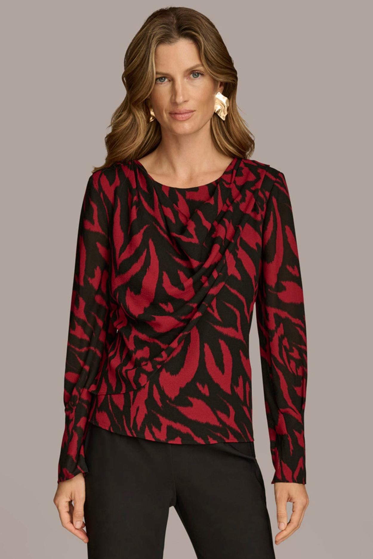 Donna Karan Sweaters And Tops | Women PRINT WIDE CUFF TOP Red/black Multi