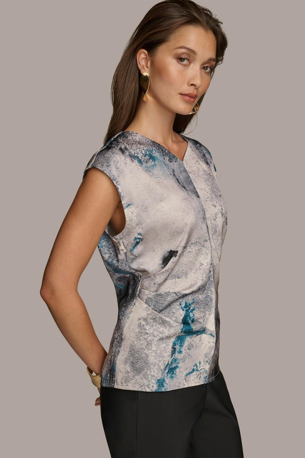 Donna Karan Sweaters And Tops | Women PRINTED CAP SLEEVE WITH DARTS Peacock Blue