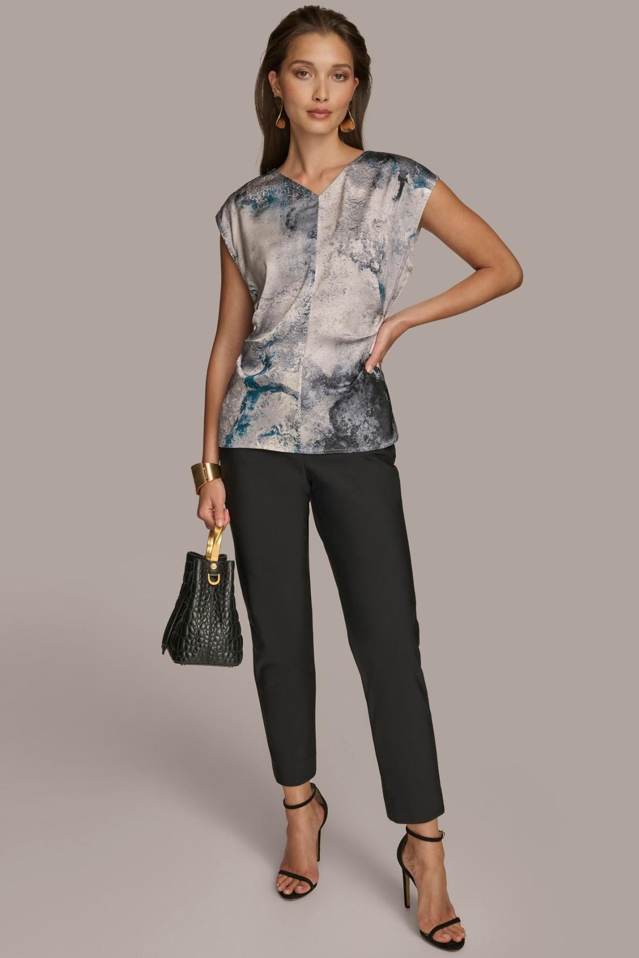 Donna Karan Sweaters And Tops | Women PRINTED CAP SLEEVE WITH DARTS Peacock Blue