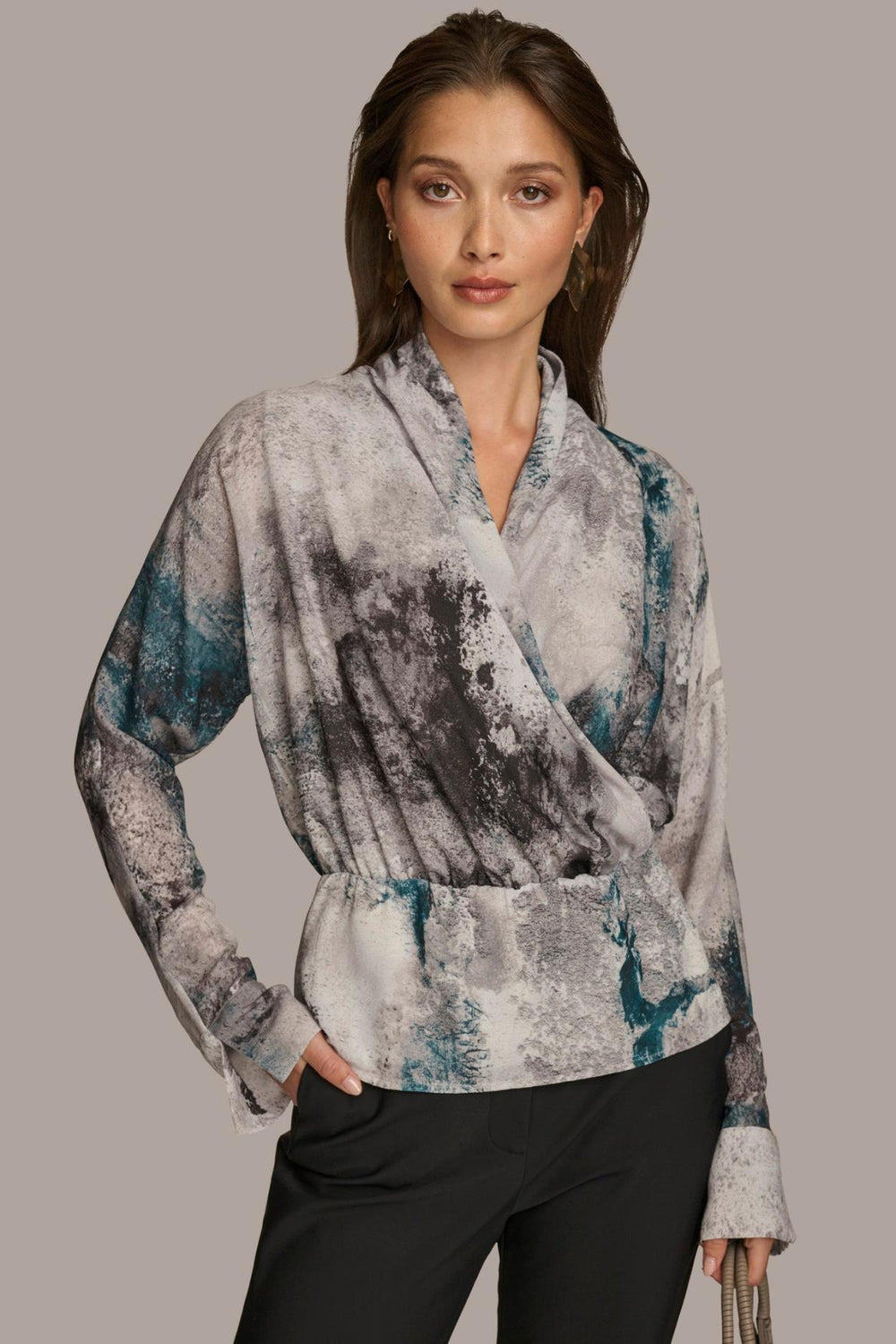 Donna Karan Sweaters And Tops | Women PRINTED FAUX WRAP BLOUSE Peacock Multi