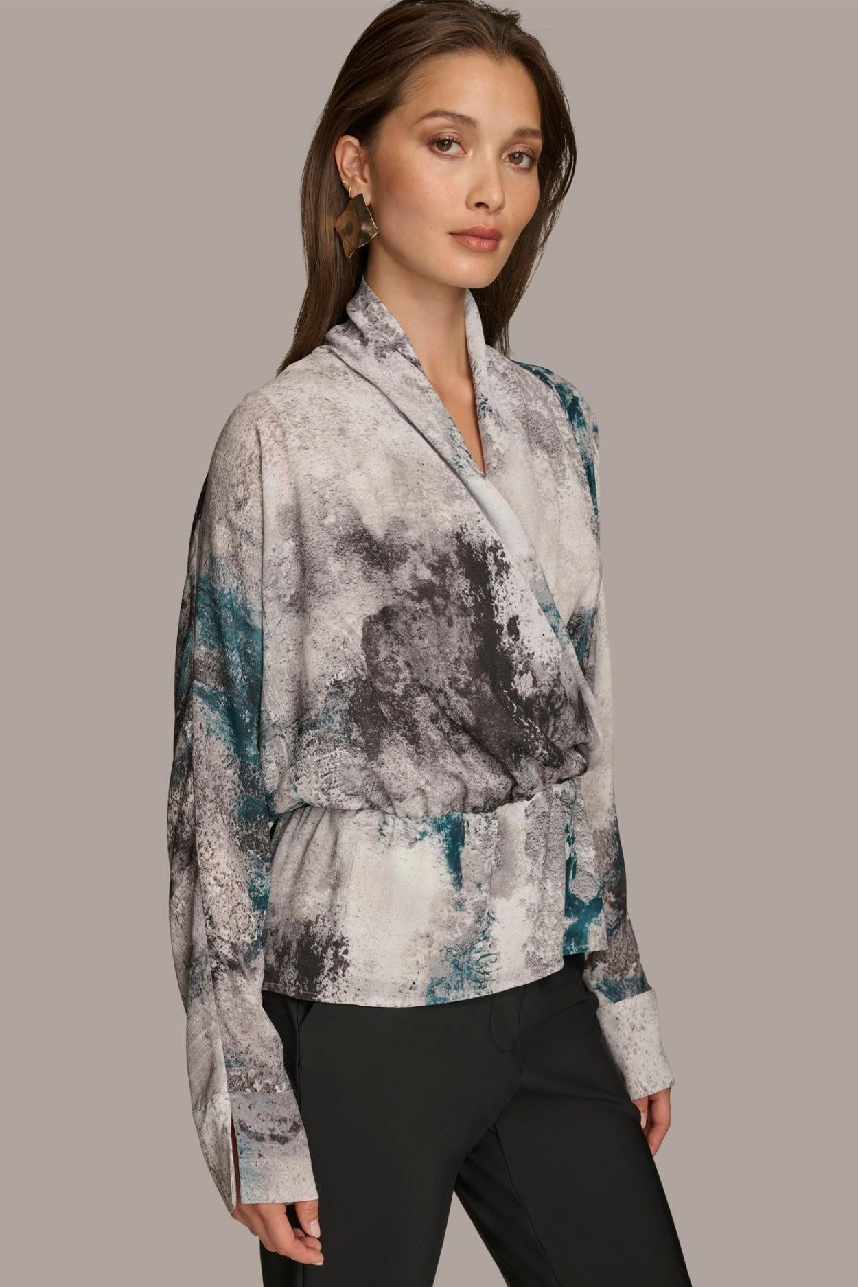 Donna Karan Sweaters And Tops | Women PRINTED FAUX WRAP BLOUSE Peacock Multi