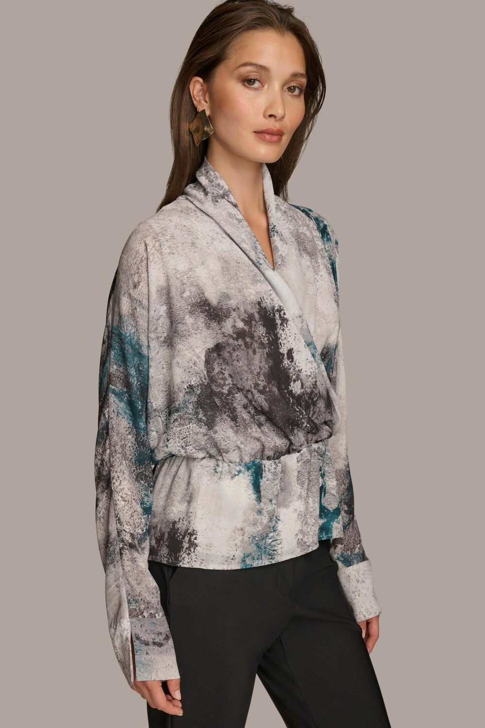 Donna Karan Sweaters And Tops | Women PRINTED FAUX WRAP BLOUSE Peacock Multi