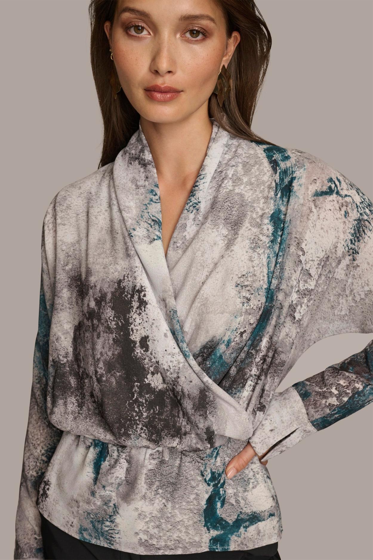 Donna Karan Sweaters And Tops | Women PRINTED FAUX WRAP BLOUSE Peacock Multi