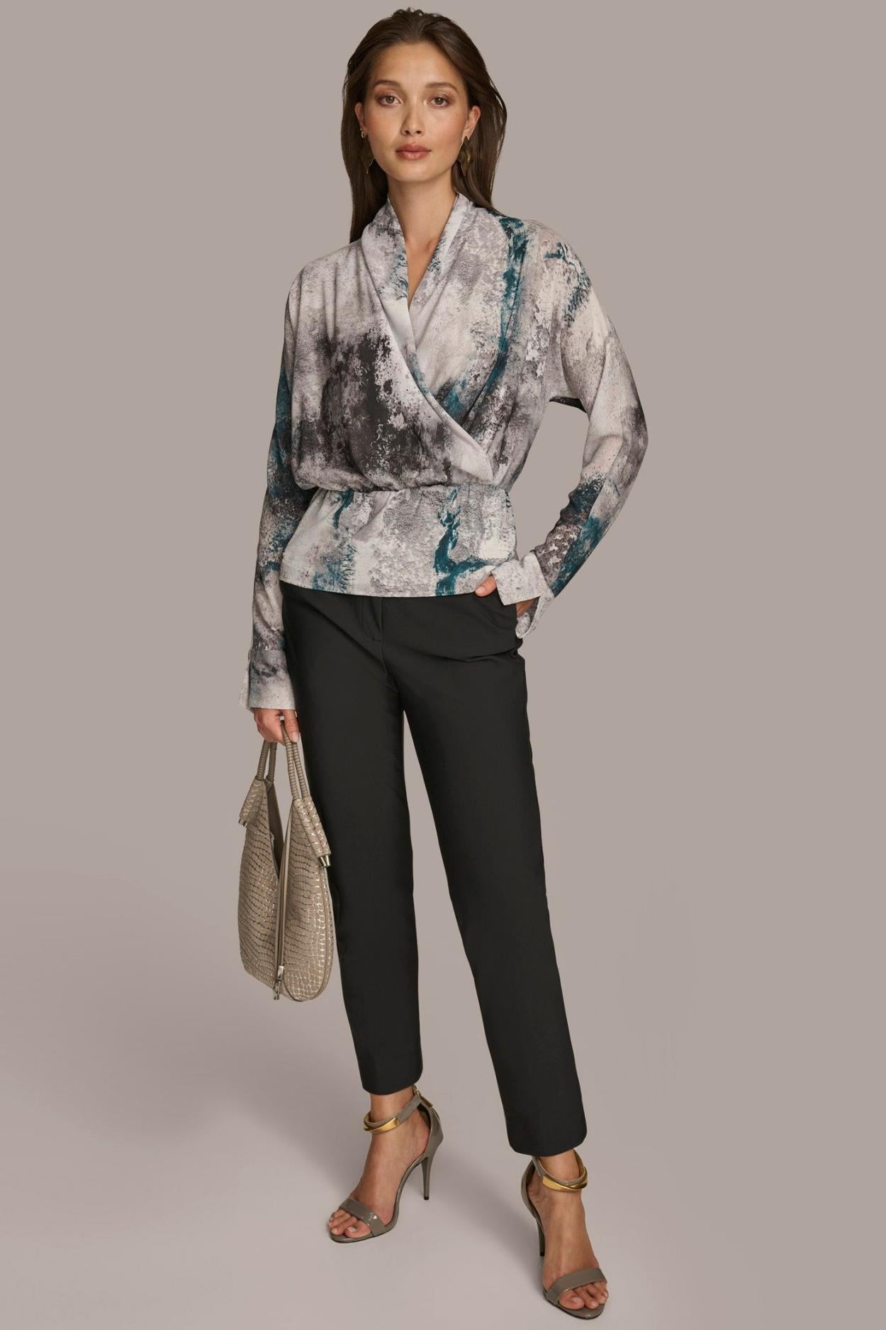 Donna Karan Sweaters And Tops | Women PRINTED FAUX WRAP BLOUSE Peacock Multi