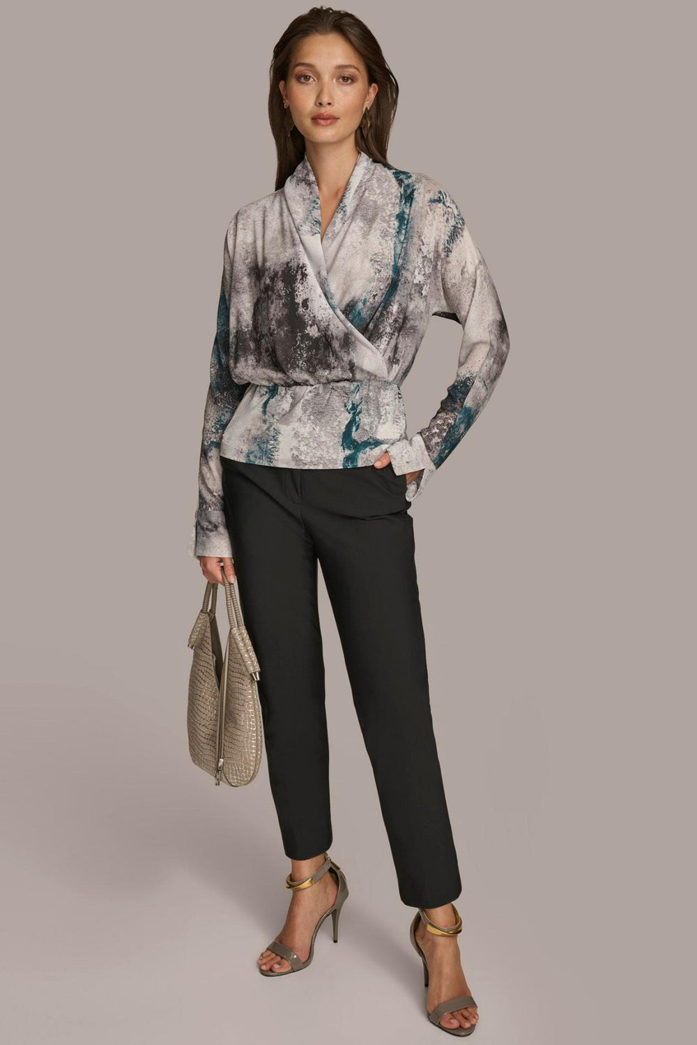 Donna Karan Sweaters And Tops | Women PRINTED FAUX WRAP BLOUSE Peacock Multi