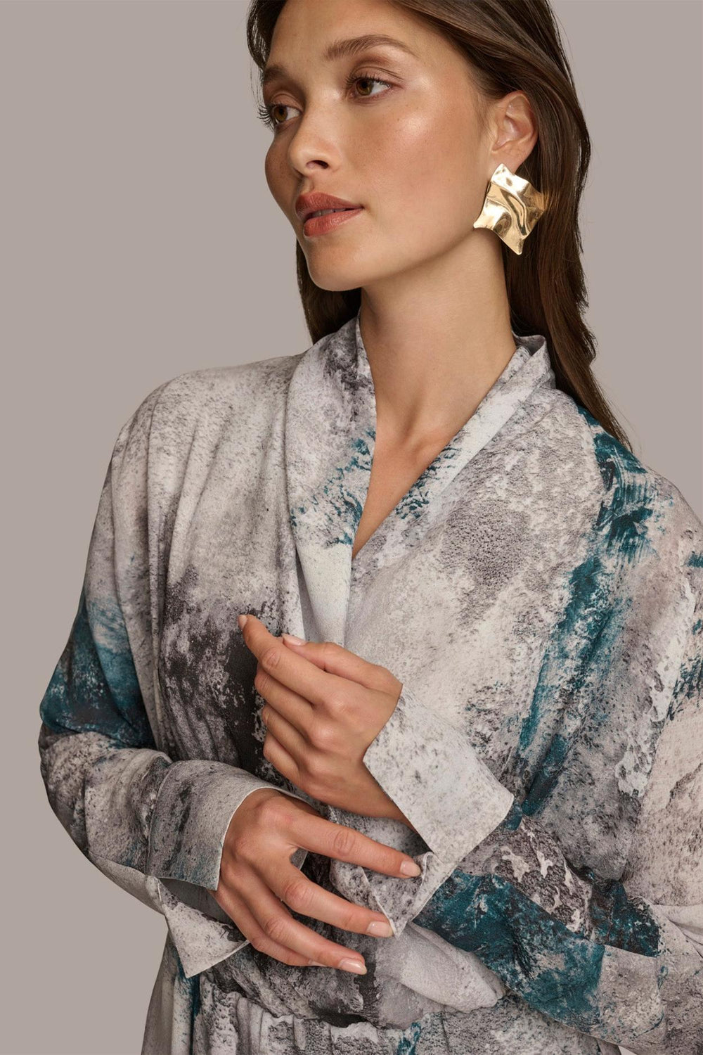 Donna Karan Sweaters And Tops | Women PRINTED FAUX WRAP BLOUSE Peacock Multi