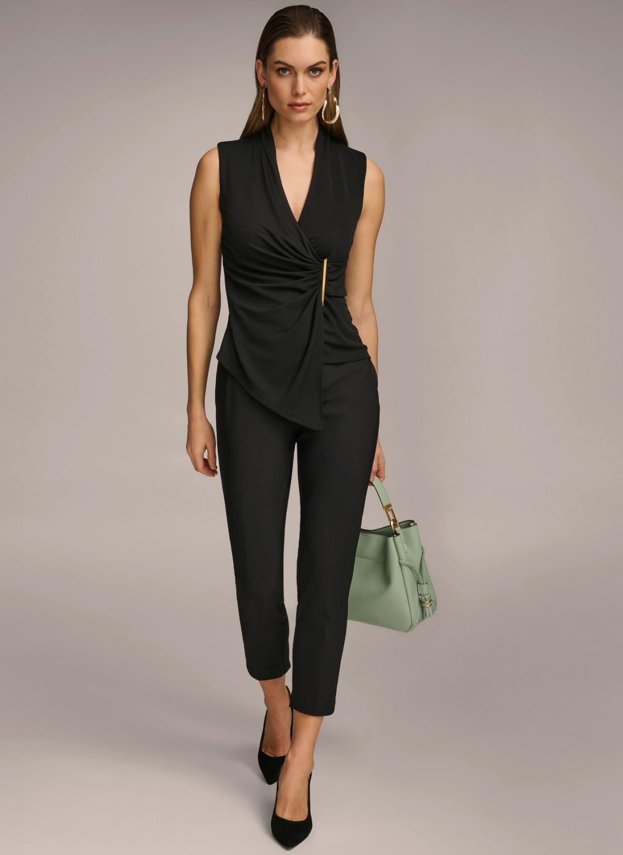 Donna Karan Sweaters And Tops | Women V-NECK TOP WITH HARDWARE AND RUCHED DETAIL Black