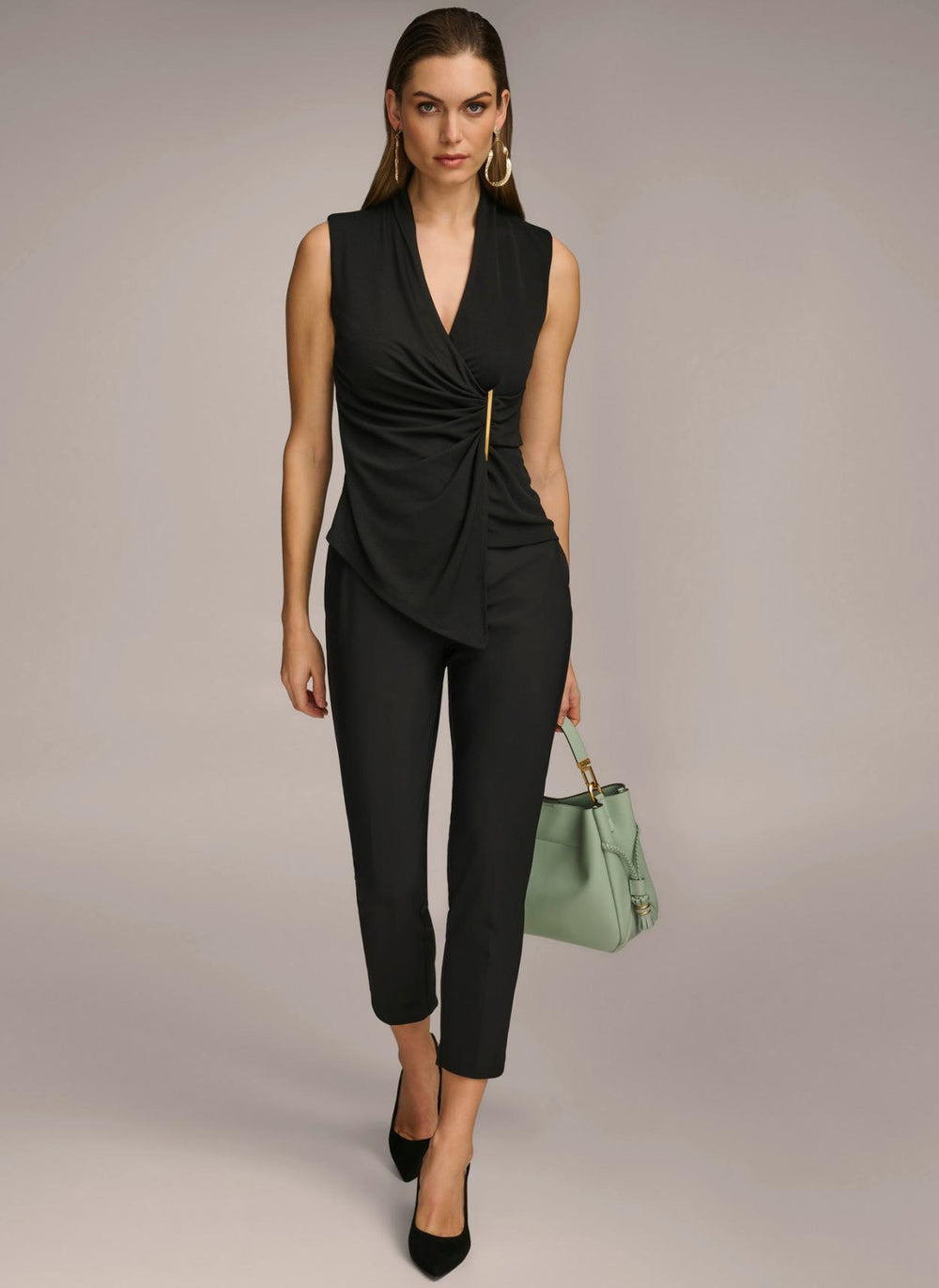 Donna Karan Sweaters And Tops | Women V-NECK TOP WITH HARDWARE AND RUCHED DETAIL Black