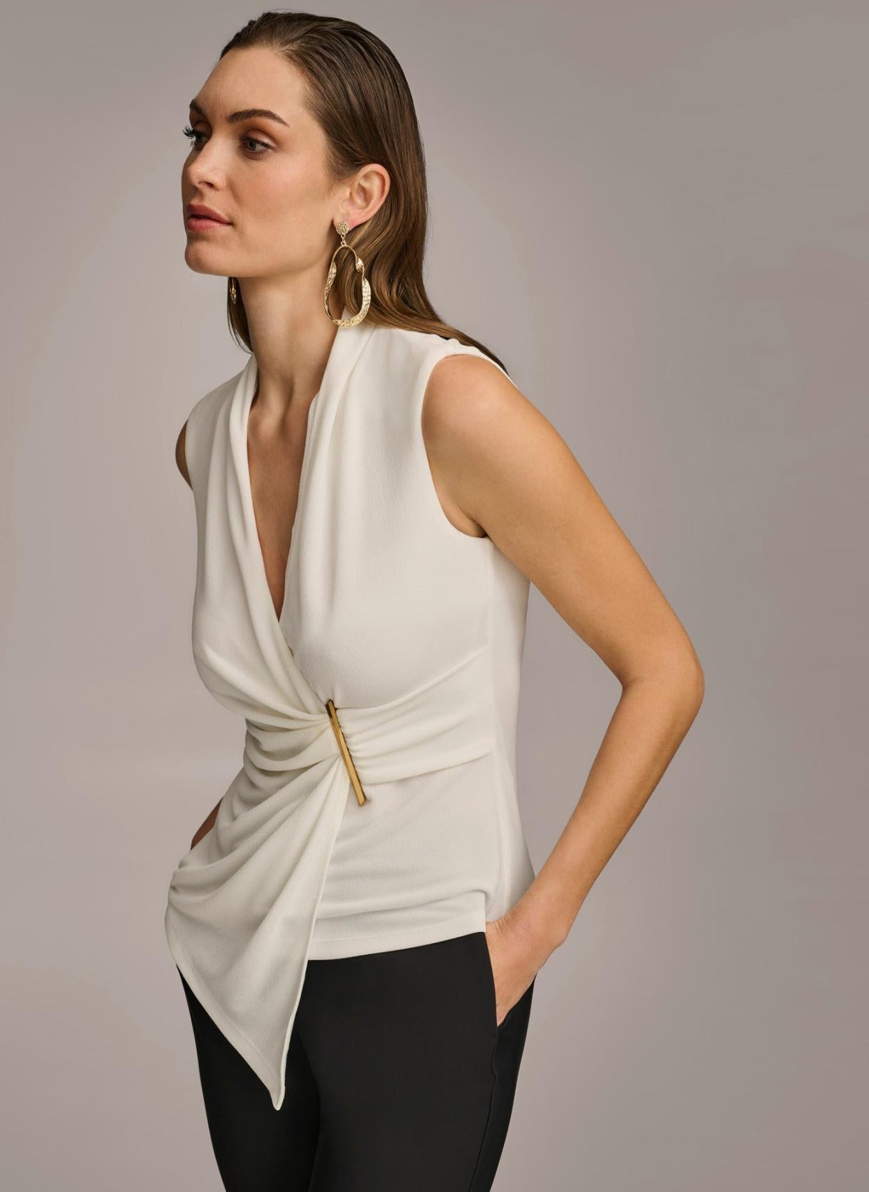 Donna Karan Sweaters And Tops | Women V-NECK WITH HARDWARE AND RUCHED DETAIL Cream