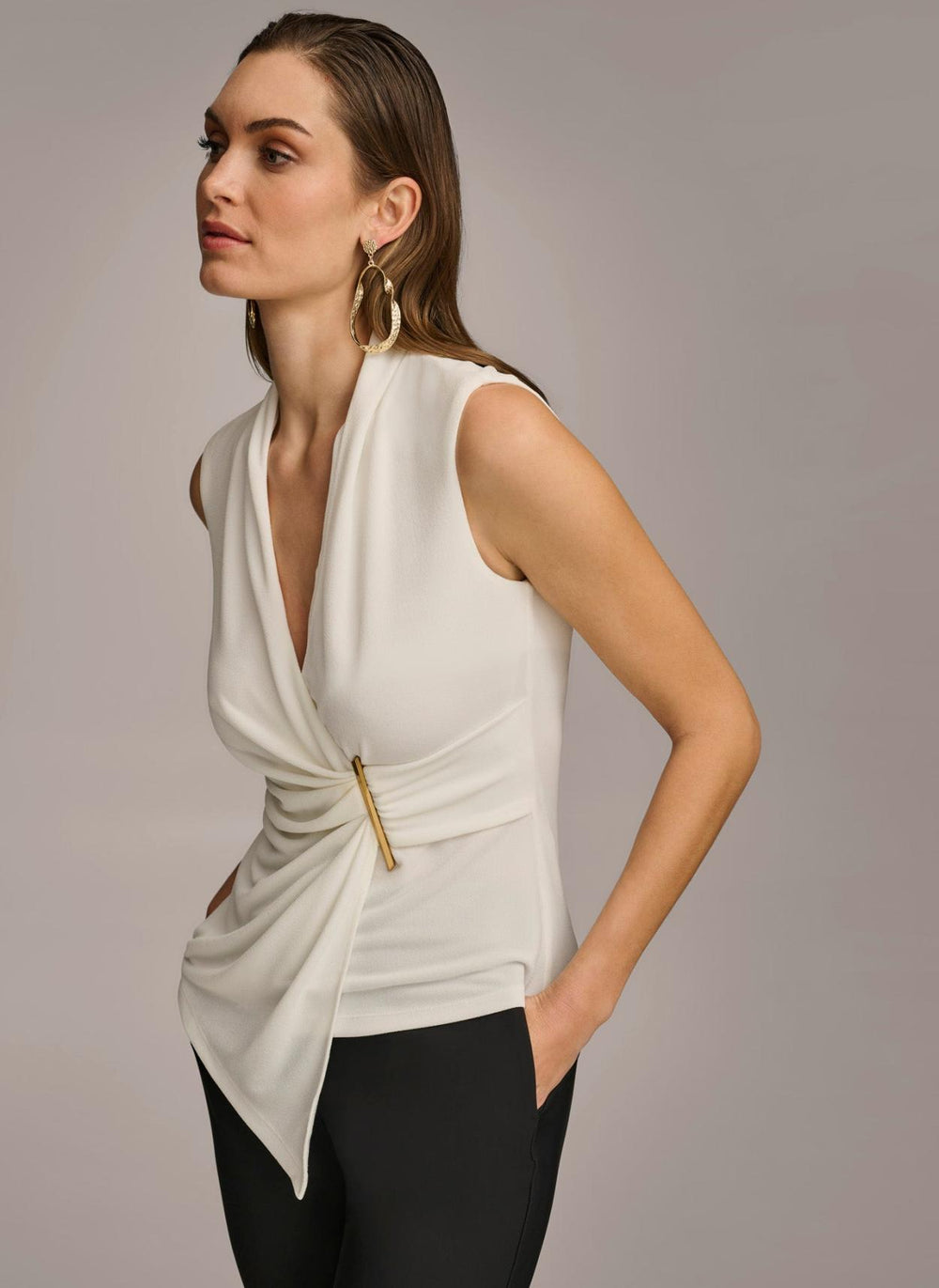Donna Karan Sweaters And Tops | Women V-NECK WITH HARDWARE AND RUCHED DETAIL Cream